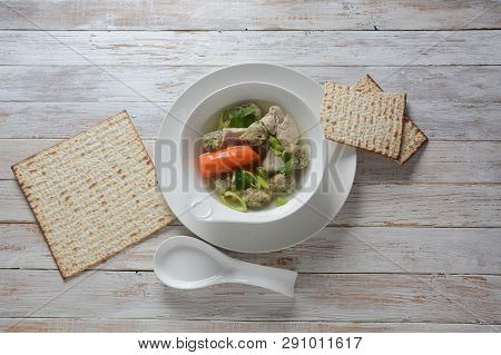 Chicken Soup With Matzah Balls (kneidlach) Carrots In The Bowl. Jewish Traditional Passover Pesach H