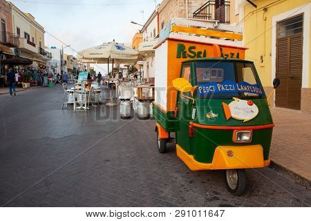 Lampedusa, Italy - July, 31: View Of  Traditional Italian Three-wheeled Called Ape Piaggio Used To S