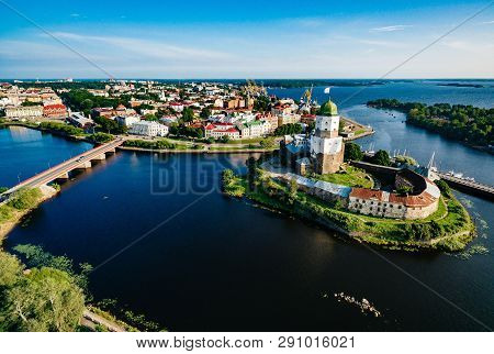 Aerial View Of Vyborg City Panorama, Russia. Beautiful Summer Landscape.