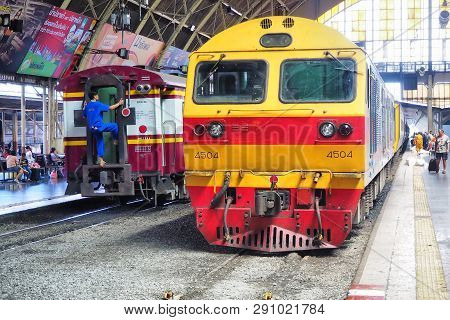 Bangkok, Thailand - March 21, 2019: Trains Waits At A Platform Of Railway Station Hua Lamphong In Ba