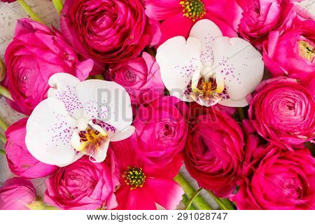 Flowers Composition. Floral Natural Background Made Of Pink Rununculus And Orchid Fresh Flowers.