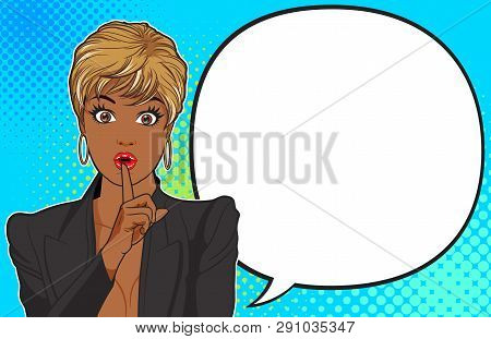 Woman With Finger On Lips, Silence Gesture, Pop Art Style Woman Banner, Shut Up.woman With Message S