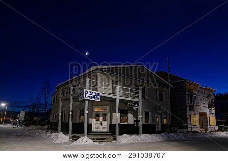 Dawson City, Yukon, Canada, March 10, 2019 : Night On The Old Town. Dawson City Is Linked To The Klo