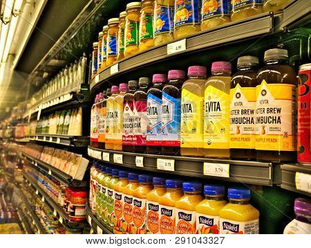 Bemidji, Mn - 8 Feb 2019: Rows Of Colorful Bottles Of Beverages Stacked On Shelves In A Local Superm
