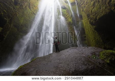 Hidden Waterfall In Iceland, Gljufrafoss With A Adventure Woman