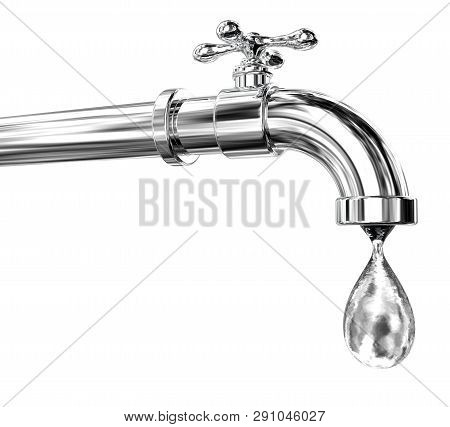 Safety Of Drinking Water Concept, 3d Illustration Showing Tap With Water Drop