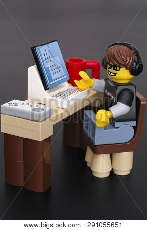 Tambov, Russian Federation - March 24, 2015 Lego Video Game Guy Minifigure (player 1) At His  Table 
