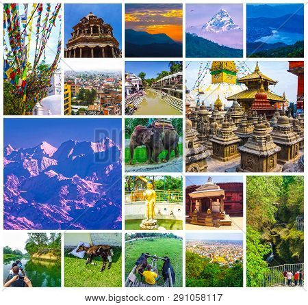 Collage Of Popular Nepalese Travel Destinations - Kathmandu Valley And Himalaya Mountains. Begnas Ta