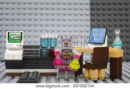 Tambov, Russian Federation - July 06, 2016 Lego Robot - Scientist Minifigure With Flasks In Laborato