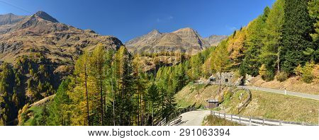 Panoramic View Of The Stubai Alps From Timmelsjoch High Alpine Road. Bolzano Province, South Tyrol, 