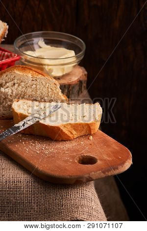 Breads And Butter Concept Of Teasty Home Food Close Up On Table