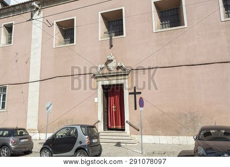 Lisbon - July 5, 2018: View Of The Great Simplicity Of The Facade Of The Church Of The Flamengas (fl