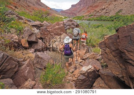Hikers On A Trail Bordering The Colorado River Above Hance Rapids In Grand Canyon National Park, Ari