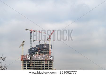 Warsaw Poland. February 18, 2019. Construction Of A New Skyscraper. View Of The Building From The Ro