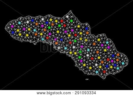 Polygonal Vector Map Of Sumba Island With Glow Effect On A Black Background. Abstract Triangles, Lin