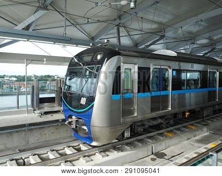Jakarta, Indonesia - March 23, 2019: Mrt Jakarta Train Running At Lebak Bulus Mrt Station.