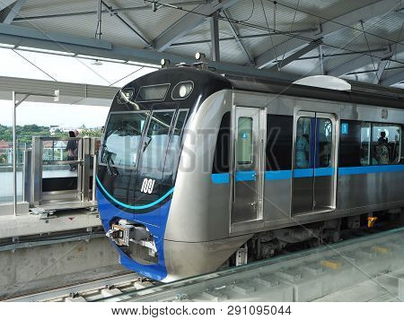Jakarta, Indonesia - March 23, 2019: Mrt Jakarta Train Running At Lebak Bulus Mrt Station.