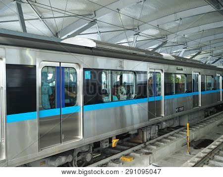 Jakarta, Indonesia - March 23, 2019: Mrt Jakarta Train Running At Lebak Bulus Mrt Station.