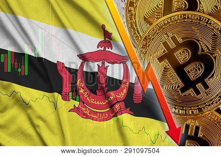 Brunei Darussalam Flag And Cryptocurrency Falling Trend With Many Golden Bitcoins