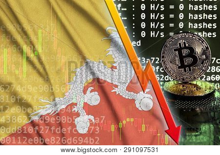 Bhutan Flag And Falling Red Arrow On Bitcoin Mining Screen And Two Physical Golden Bitcoins