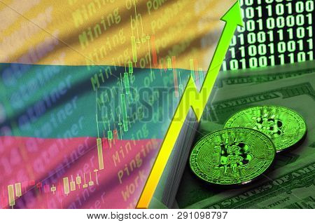 Lithuania Flag And Cryptocurrency Growing Trend With Two Bitcoins On Dollar Bills And Binary Code Di
