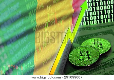 Mali Flag And Cryptocurrency Growing Trend With Two Bitcoins On Dollar Bills And Binary Code Display