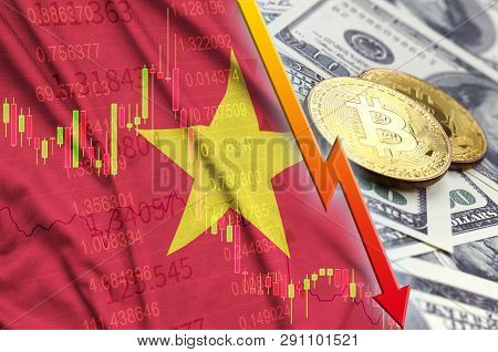 Vietnam Flag And Cryptocurrency Falling Trend With Two Bitcoins On Dollar Bills