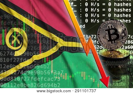 Vanuatu Flag And Falling Red Arrow On Bitcoin Mining Screen And Two Physical Golden Bitcoins
