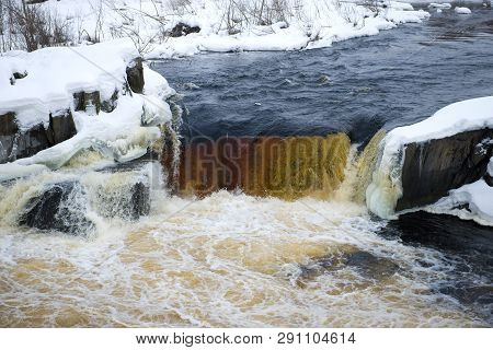 Voitsky Padun Waterfall Close Up In The February Afternoon. Karelia, Russia