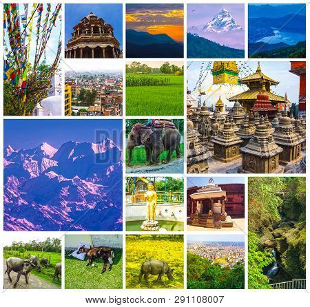 Collage Of Popular Nepalese Travel Destinations - Kathmandu Valley And Himalaya Mountains. Begnas Ta