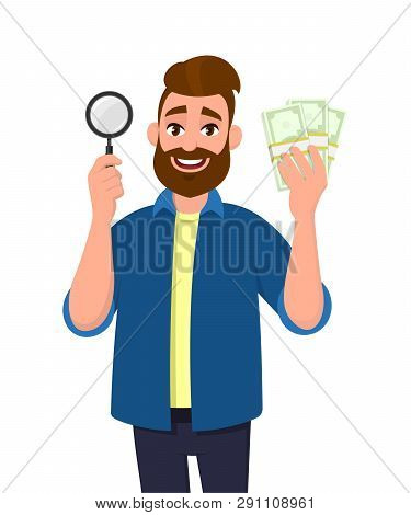 Wealthy Bearded Young Man Holding Magnifying Glass And Cash, Money, Currency Notes In Hand. Search, 
