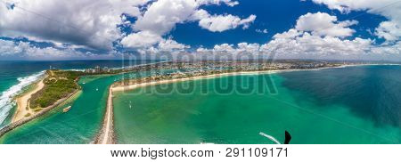 Drone view of famous Mooloolaba beach and marina on sunny day