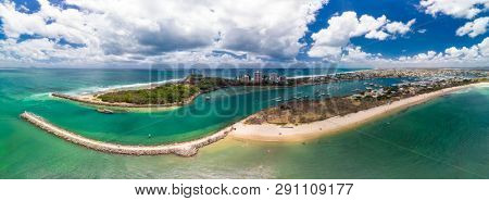 Drone view of famous Mooloolaba beach and marina on sunny day