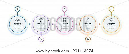 Line Flow Infographic. 5 Steps Circle Workflow Diagram, Milestone Business Presentation Template. Ve