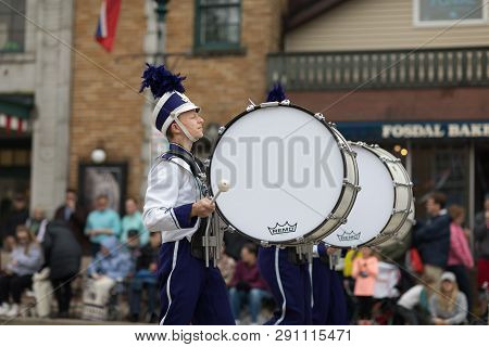 Stoughton, Wisconsin, Usa - May 20, 2018: Annual Norwegian Parade, Members Of The Stoughton High Sch