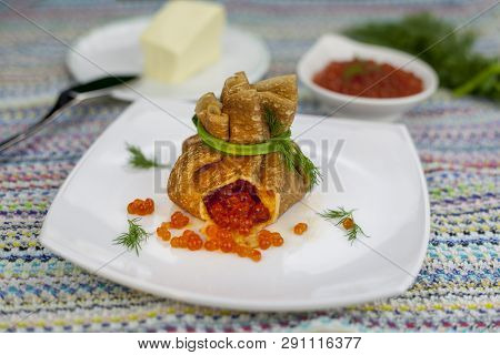 Russian Pancakes, Traditional For Russian Pancake Week With Red Cavier And Butter