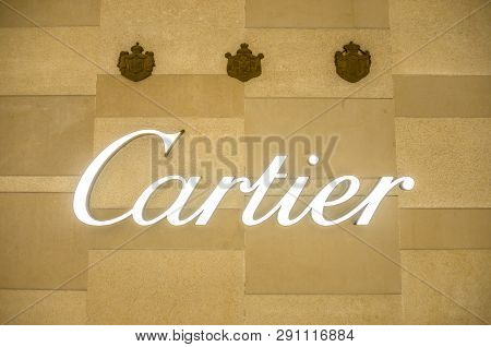 Bejing China 23.02.2019 Cartier Store Logo In Luxury Shopping Center In The Heart Of The City