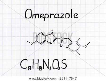 Handwriting Chemical Formula Of Omeprazole. Close Up.