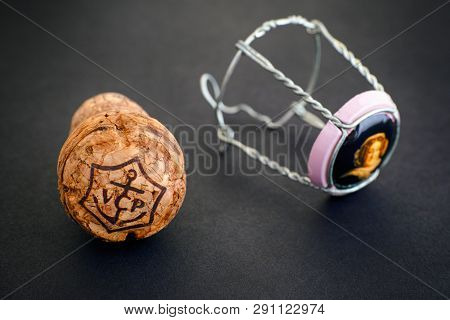 Tambov, Russian Federation - February 22, 2018 Veuve Clicquot Champagne Cork And Muselet With Cap On