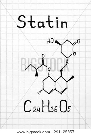 Handwriting Chemical Formula Of Statin. Close Up.