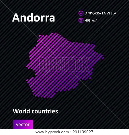 Vector Abstract Map Of Andorra With Violet Striped Texture And Striped Dark Background