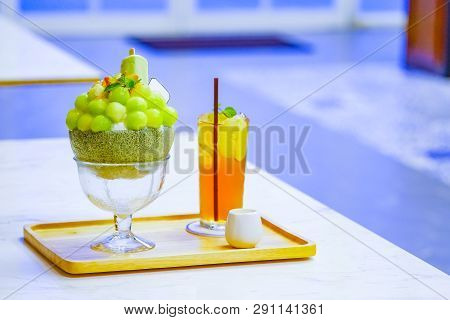 Green Melon Ball Shape Are Arranged On The Top Of Bingsu (korean Ice-cream Style) And Decorated With