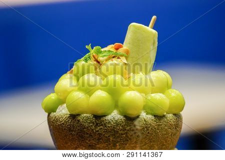 Green Melon With Ball Shape Are Arranged On The Top Of Bingsu (korean Ice-cream Style) And Decorated