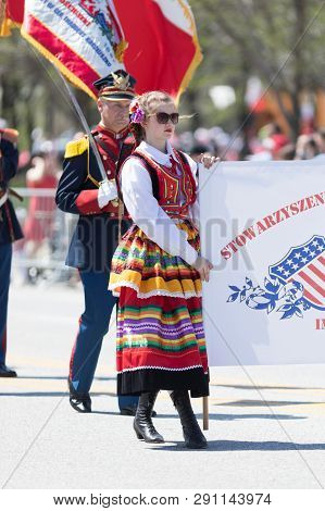 Chicago, Illinois, Usa - May 5, 2018: The Polish Constitution Day Parade, Polish Woman Wearing Tradi