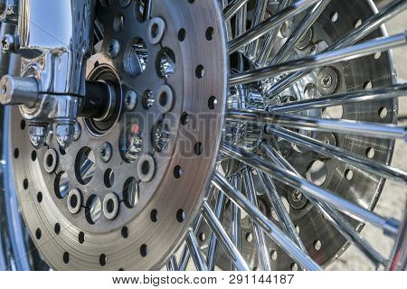 Chromed Motorcycle Wheels With Disc Brakes, Close-up