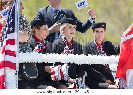 Chicago, Illinois, Usa - May 5, 2018: The Polish Constitution Day Parade, Polish Airline Lot Steward