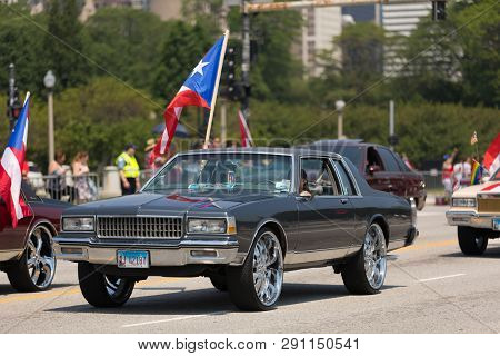 Chicago, Illinois, Usa - June 16, 2018: The Puerto Rican Day Parade, Cars Donk Modified Carrying Pue
