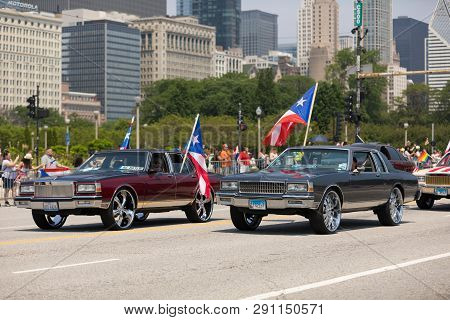 Chicago, Illinois, Usa - June 16, 2018: The Puerto Rican Day Parade, Cars Donk Modified Carrying Pue
