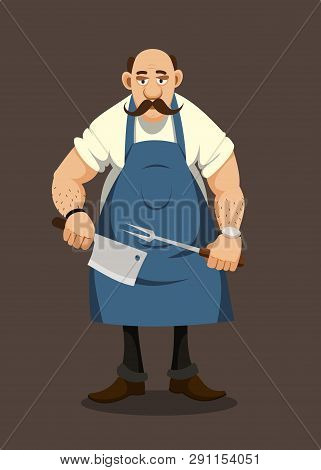 Mustache Butcher In Blue Apron With Knife And Fork In Hand
