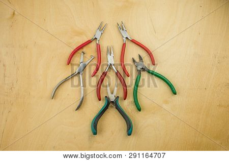 Tools Set Of Jewellery. Jewelry Workplace On Metal Background With Copy Space For Text. Top View.